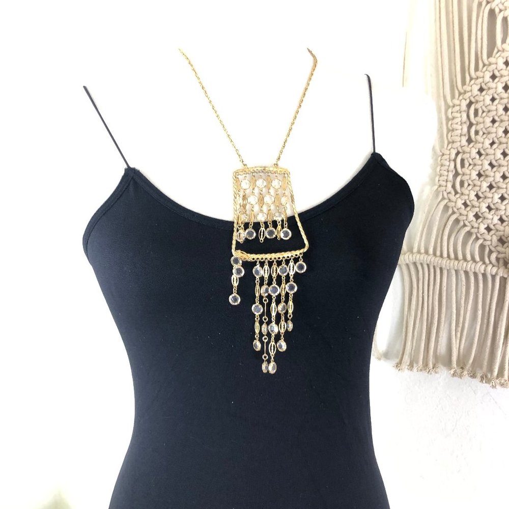60s vintage chandelier cocktail rhinestone fringe statement necklace